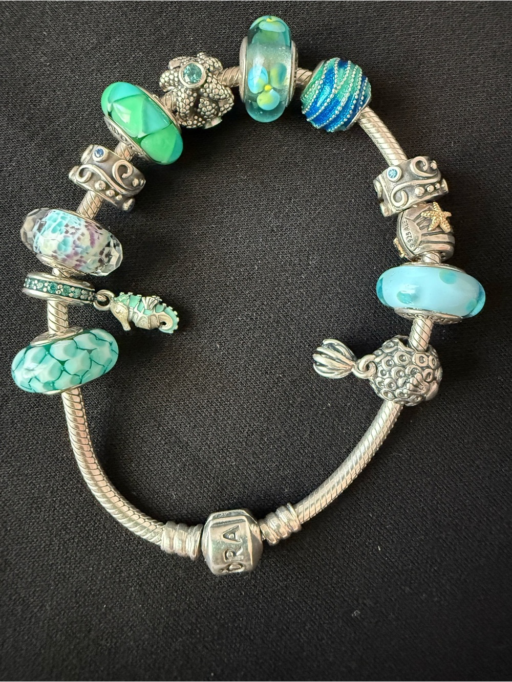 Pandora Sterling Silver Charm Bracelet with 12 sea themed aqua beads